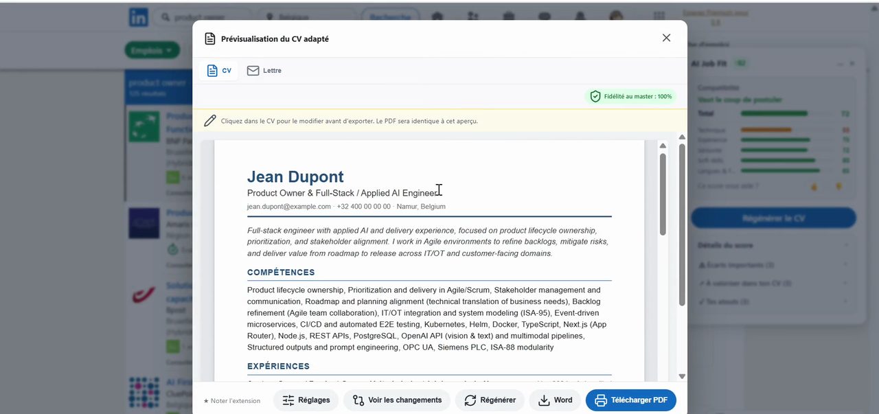 Fenêtre de prévisualisation du CV adapté, avec l'indicateur « Fidélité au master : 100 % » et les boutons Réglages, Voir les changements, Régénérer, Word et Télécharger PDF.