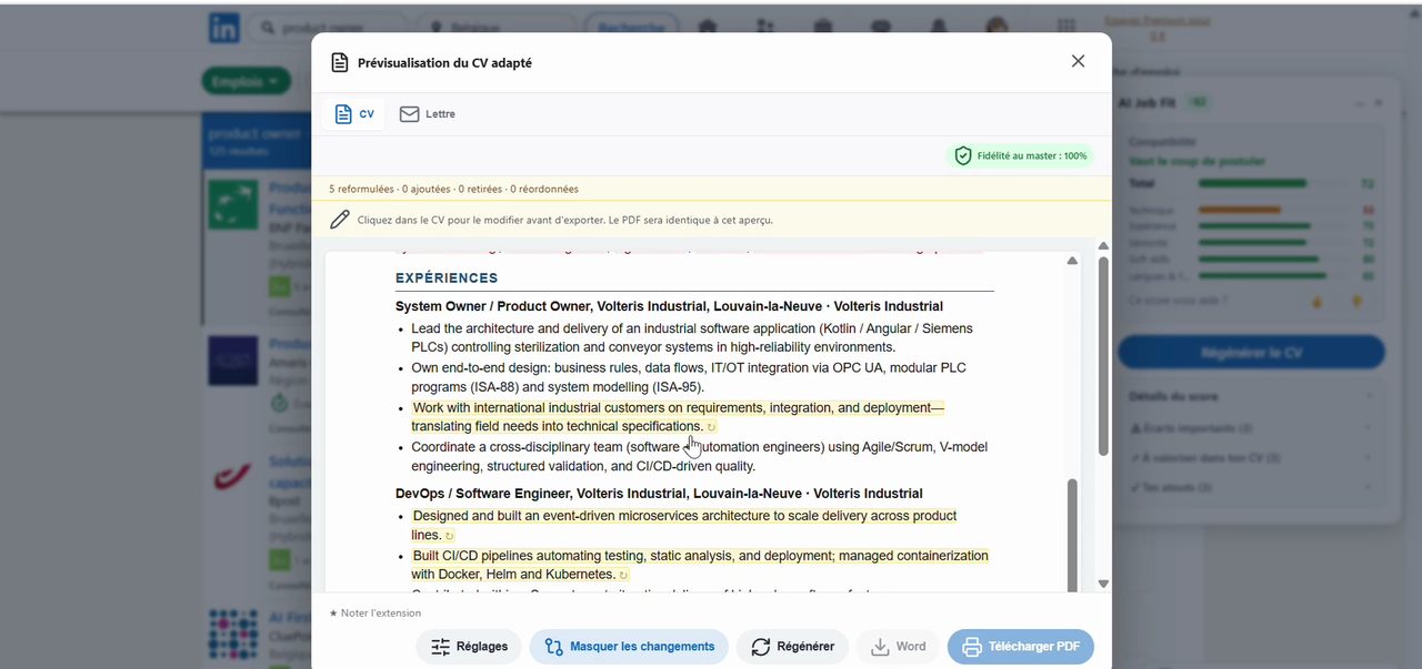 Vue des changements du CV : « 5 reformulées · 0 ajoutées · 0 retirées · 0 réordonnées », les passages modifiés étant surlignés dans le texte.